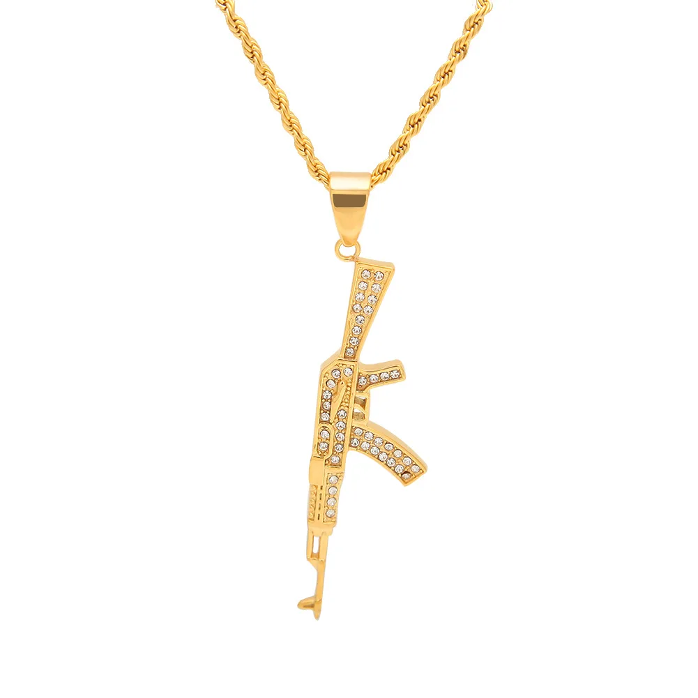 Europe &ampUnited Hip Hop Ice Cube Zircon Fashion AK47 Pendant Necklace Women Men Steam Punk Bling Gold Long Chain Jewelry | Украшения и