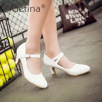 

Odetina New Fashion Women Kitten Heel Mary Jane Shoes Buckle Ankle Strap Round Toe Comfort Cute Dress Pumps Shoes Plus Size 43