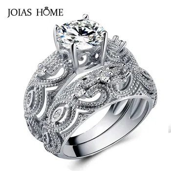 

JoiasHome 925 Sterling Silver Ring Princess-Style Hollow Platinum Wedding Ring Pair Set Size 5-12