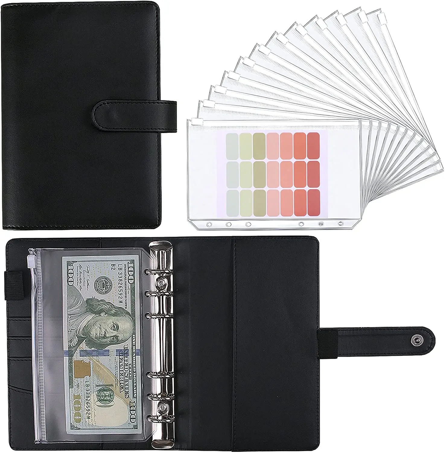 

A6 Budget Binder Planner With 12 Pieces Cash Envelopes, Colorful PU Leather Notebook Binder With 12 PCS A6 Binder Pockets