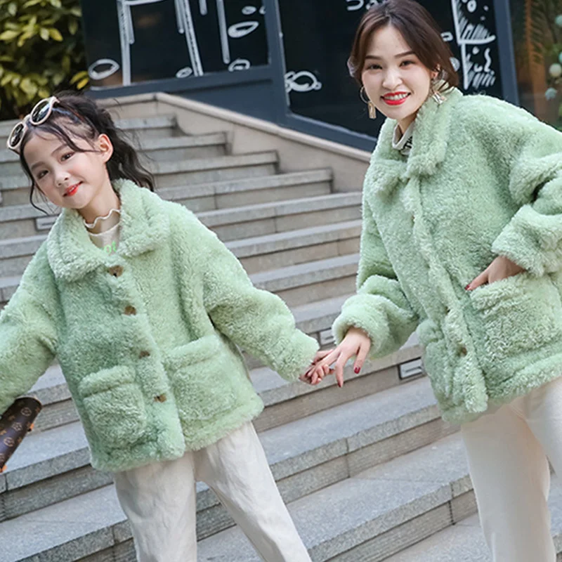 

Faux Lamb Fur Mother Daughter Hairy Shaggy Outwear Jacket Long Coat Tops Autumn Fake Fur Jacket Thick Warm Outerwear Fur Coat