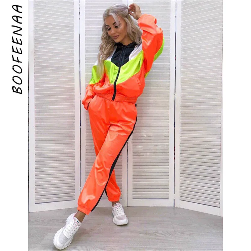 BOOFEENAA атласные спортивные костюмы женский костюм из двух предметов Топ и штаны осенне-зимняя одежда Комплекты для бега C0-AF42 - Цвет: Оранжевый