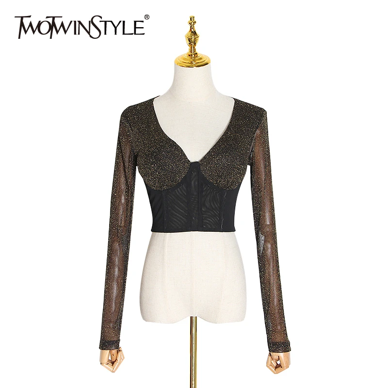 Женская блузка с длинным рукавом TWOTWINSTYLE весенняя черная короткая облегающая