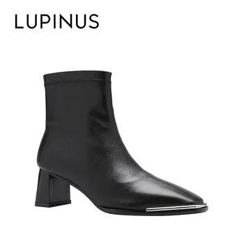 

Lupinus Autumn Fashion Square Head Metal Decoration Ankle Boots For Women 2020 New Side Zipper Black Leather Women Knight Boots