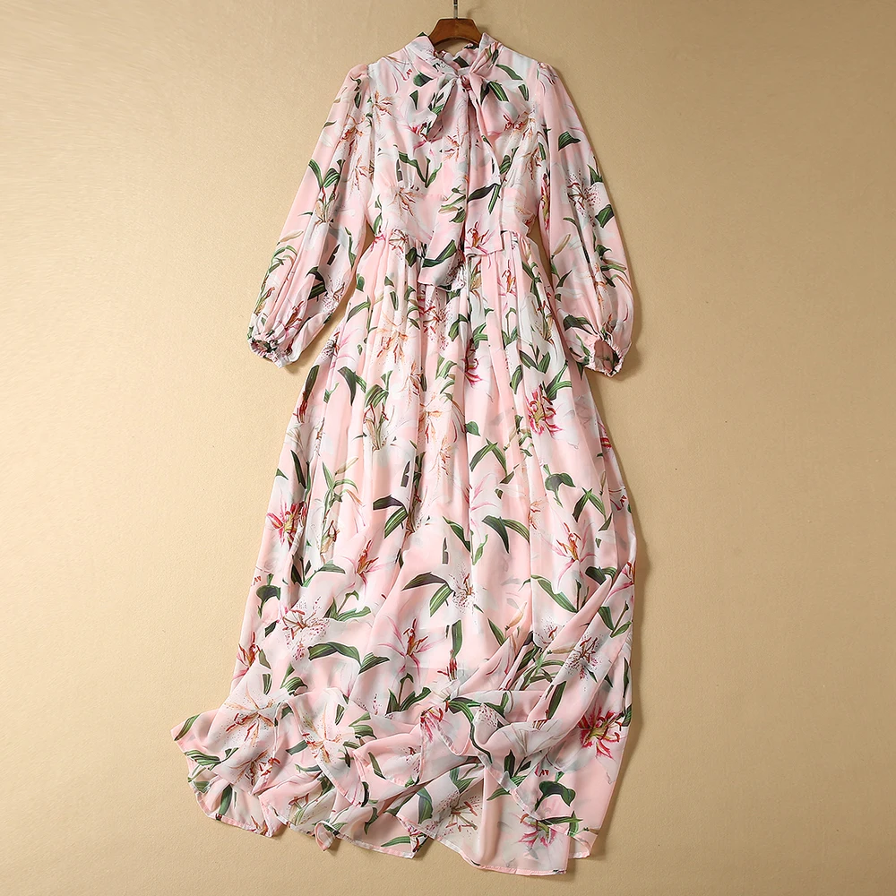 

Red RoosaRosee Designer Women Spring Autumn Bow Collar Flower Print Wrist Sleeve Party Dress Elegant Boho Vestidos Robe Femme
