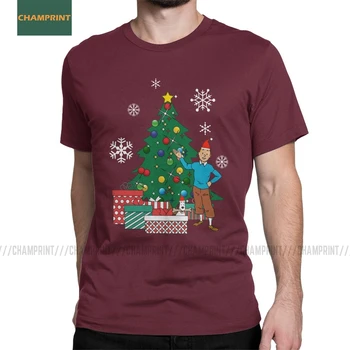 

Men's T-Shirts Tintin And Snowy Around The Christmas Tree Cotton Tee Shirt Short Sleeve Herge Comic Dog T Shirts Plus Size