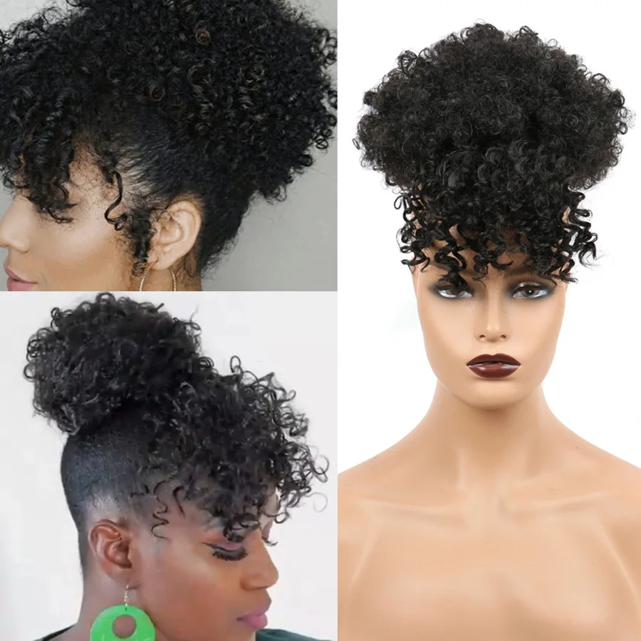 

Kong&Li Afro Kinky Curly Postiche afro Puff Drawstring Ponytail With Bangs Synthetic Bun Chignon Clip African Hair Extension