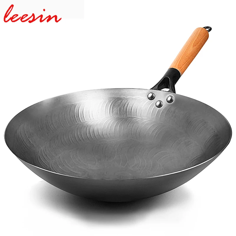 Leesin High Quality Uncoated Iron Wok Chinese Handmade Wok Pan For Gas Stove
