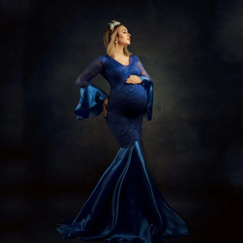 

Lace Maternity Pregnancy Dress Photography Props Dresses Photo Shoot Mermaid Maxi Gown Pregnant Women Long sleeve Clothes New