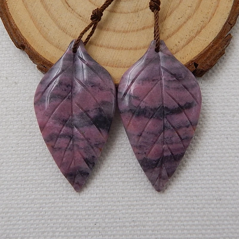 

Sales 1Pairs Natural Stone Rhodonite Carved Leaves Gemstone Earring Bead 33x17x4mm 6.6g Earrings Jewelry For Women,Gift