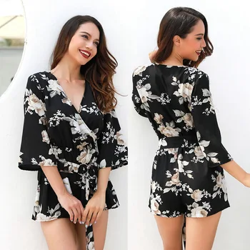 

Summer Women's Half-sleeve Shirt V-neck Loose Onesies Shorts One-piece Floral Print Jumpsuit Streetwear
