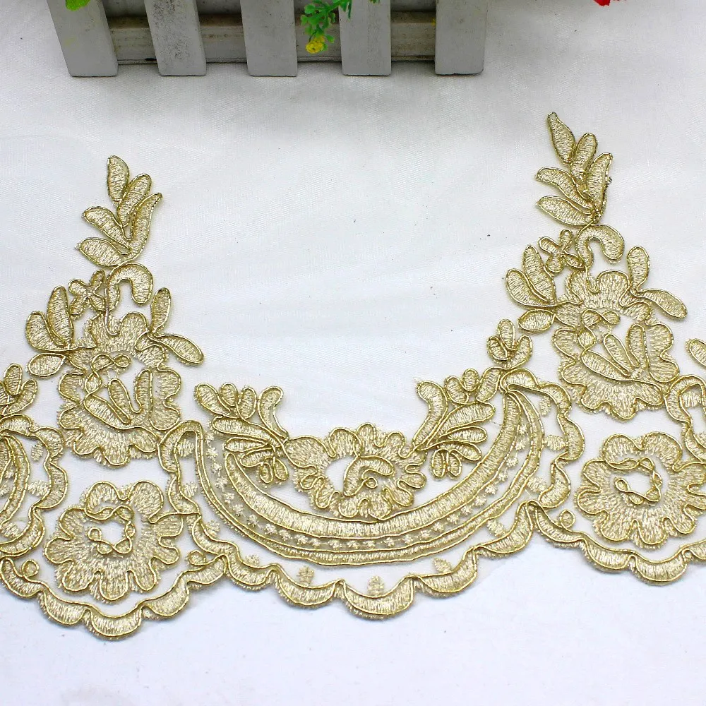Gold Embroidered Lace Fabrics For Bridal Dress 3D Flower Lace Trims