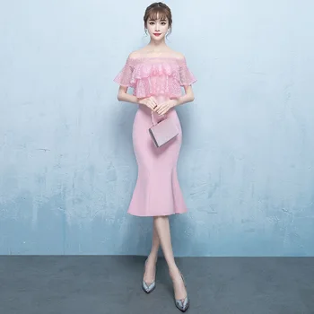 

Pink Womens Lace Mermaid Short Party Dress Fashion Sexy Slash Neck Short Sleeve Elegant Prom Gown Retro Vestido XS-3XL