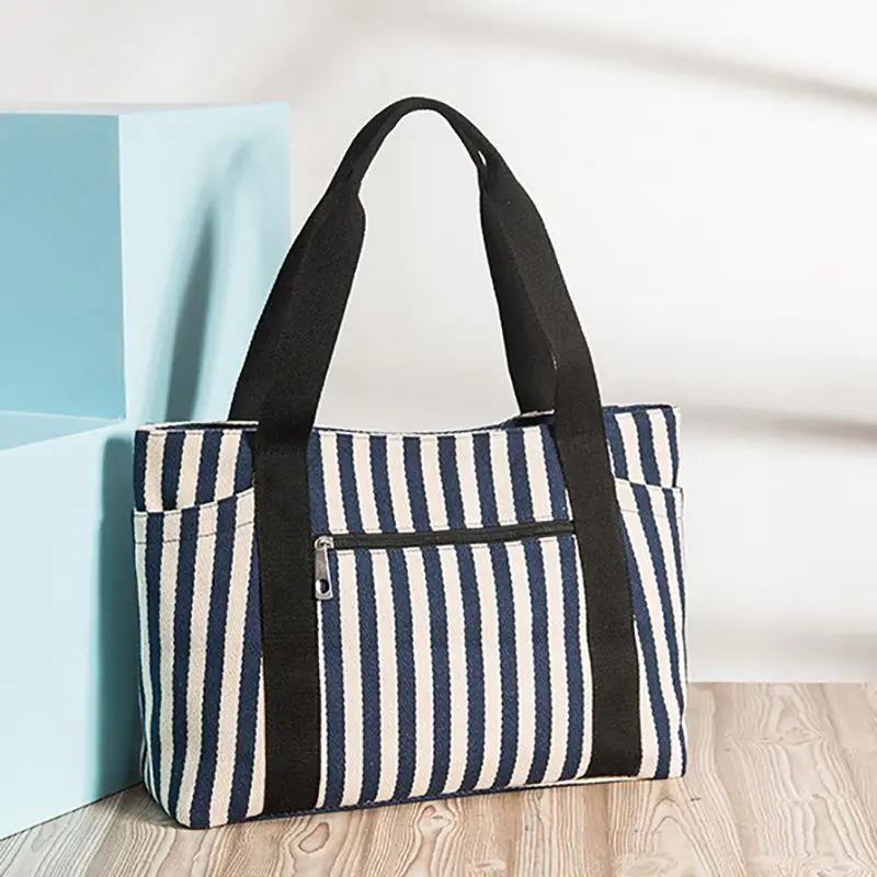 

Women's Summer Beach Bag Canvas Tote Navy Stripe Shoulder Shopping Handbag Canvas Two Striped Hobo Hot