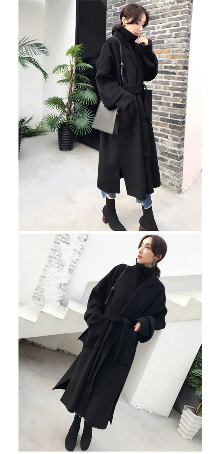 Элегантное шерстяное пальто для женщин, кардиган с карманами, уплотненное, Осень-зима, Женское пальто из смешанной ткани, женские длинные пальто с поясом