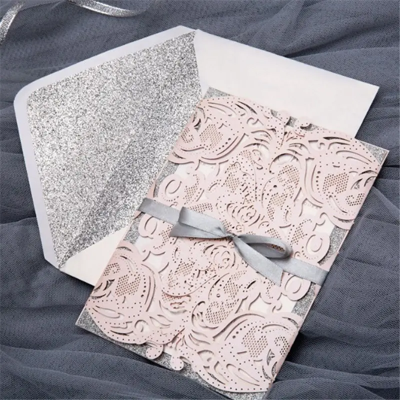 1pcs pink white Elegant Laser Cut Luxury Wedding Invitation Cards European invitation hollow creative high-end wedding party sup