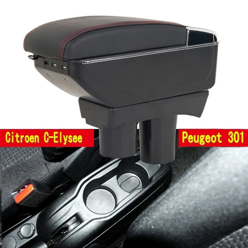 Citroen C-Elysee Accessories 2012-2016,Noir Matériel En Cuir pour Peugeot 301 Support Daccoudoir Dauto de Caisse de Console Centrale Daccoudoir de Voiture 
