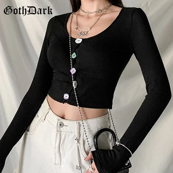 

Goth Dark Chic Button Front Black T-shirts Gothic Knitted Skinny Long Sleeve Casual Crop Tops Women's Single-breasted Cardigans