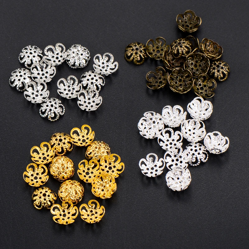 

200pcs 4*11mm Metal Hollow Flower Spacer Beads End Caps Pendant DIY Charms Connectors For Jewelry Making Findings