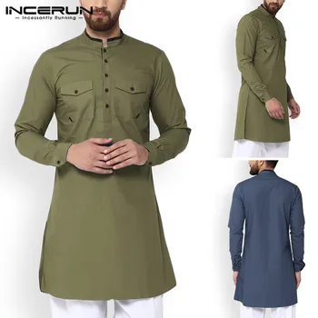 

INCERUN Men Baggy Muslim Clothing Arabic Solid Color Long Shirt Spring Casual Long Sleeve Tops Army Green Stand Collar Robe 5XL