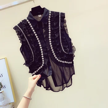 

Fungus Ruffle Diamond Beaded Chiffon Shirt Women's 2020 Summer New Retro Sleeveless Blouse Ladies Shirt Top Femme Blusas Mujer