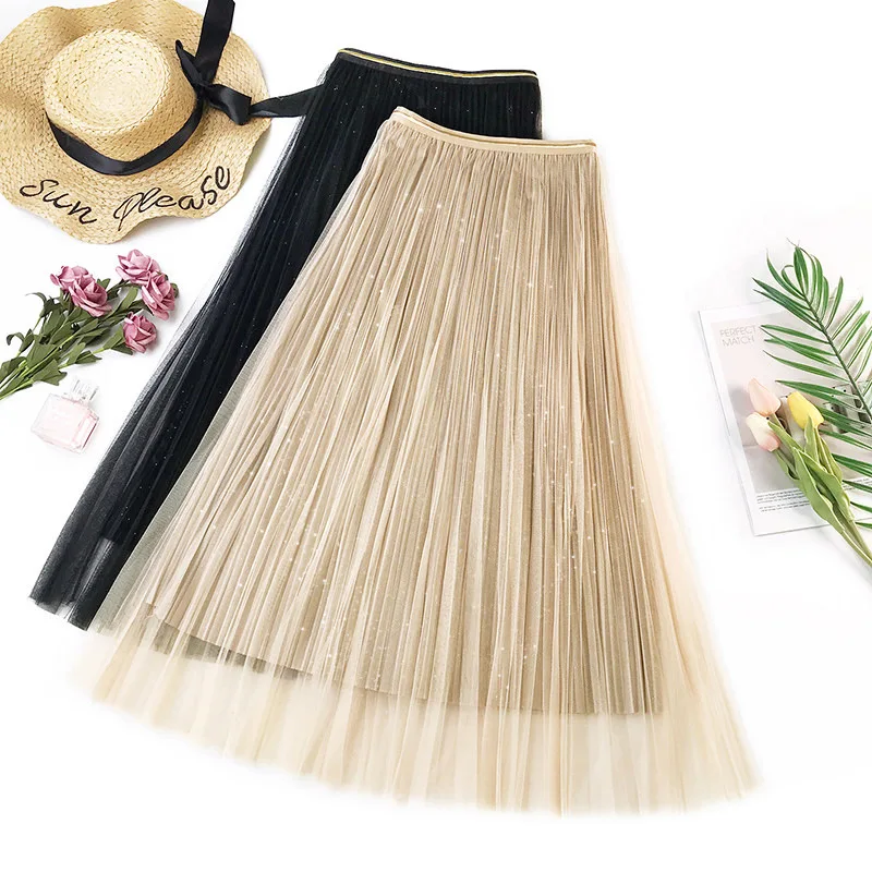 

AcFirst Autumn Winter New Pink Black Blue Women Skirts Mesh High Waist A-Line Mid-Calf Sexy Long Skirts Clothing Pleated