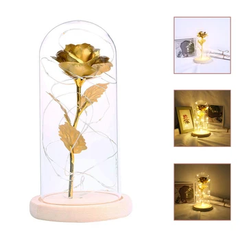 

LED Light String Eternal Rose Flower in Glass Dome Flower Gold Leaf Rose LED night Light Romantic Wedding Valentine's Day Gift