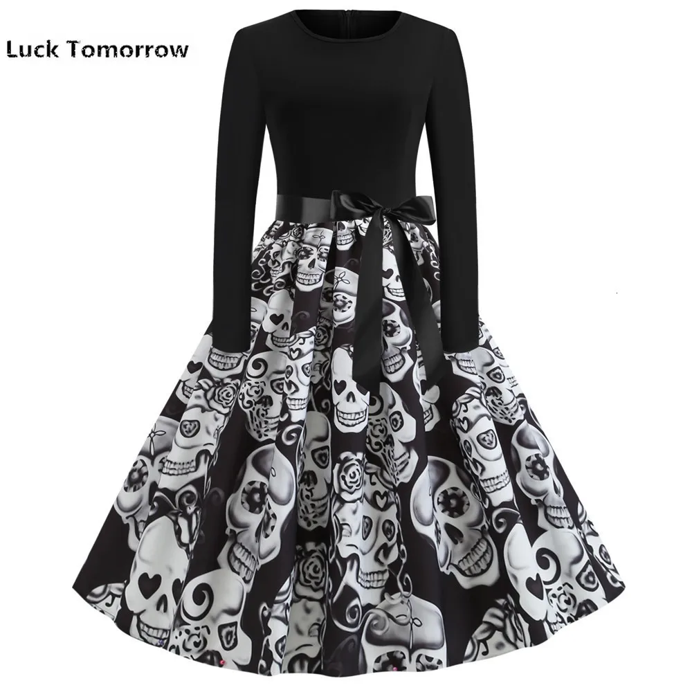 

Halloween Pumpkin Print Casual Long Sleeve Vintage Dress 2019 Winter White Black Patchwork Elegant Party Pinup Robe Vestidos
