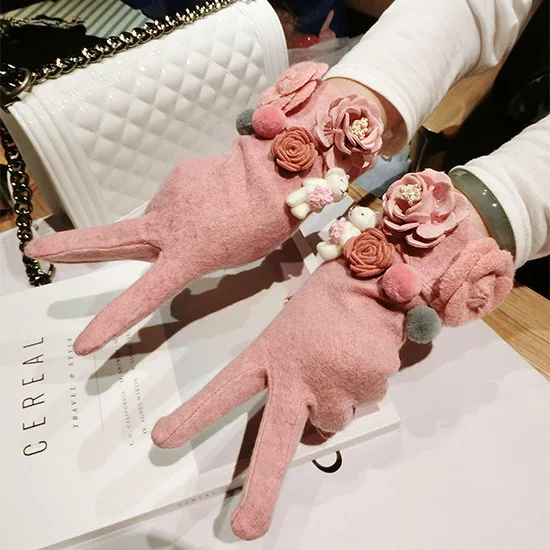 SP & CITY милые зимние перчатки женские цветочные меховые декоративные кашемировые