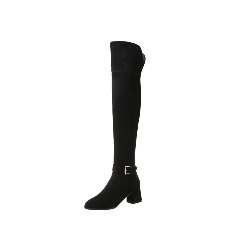 Black Synthetic Lini Meotina/Осенние Сапоги до бедра женские Сапоги выше колена из коровьей замши на молнии на Высоком толстом каблуке обувь с круглым носком и пряжкой женская зимняя обувь, размеры 34-39 - Цвет: Black Synthetic Lini