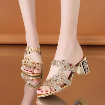 

Women Summer Ladies Fashion Crystal Hgih Heels Open Toe Bling Slides Rhinestone Bohemia Beach Shoes New 2020