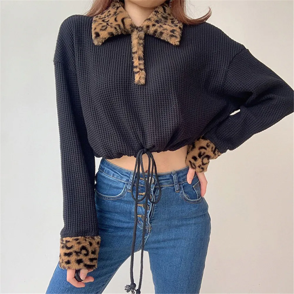 Sexy Leopard Lapel Collar Long Sleeve Crop Top