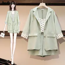 Aliexpress - Large Size (40-100kg) Women’s Summer Suit 2021 Lady Office 3 Piece Shorts Sling Tops Jacket Sets Fashion Polka Dot Clothing Set