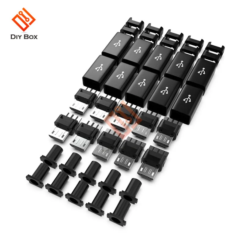 10Pcs/lot Micro USB Cable Male Plug Connector DIY Kit With Covers Case Black DIY Data Cable Accessories Mini Plug Terminals