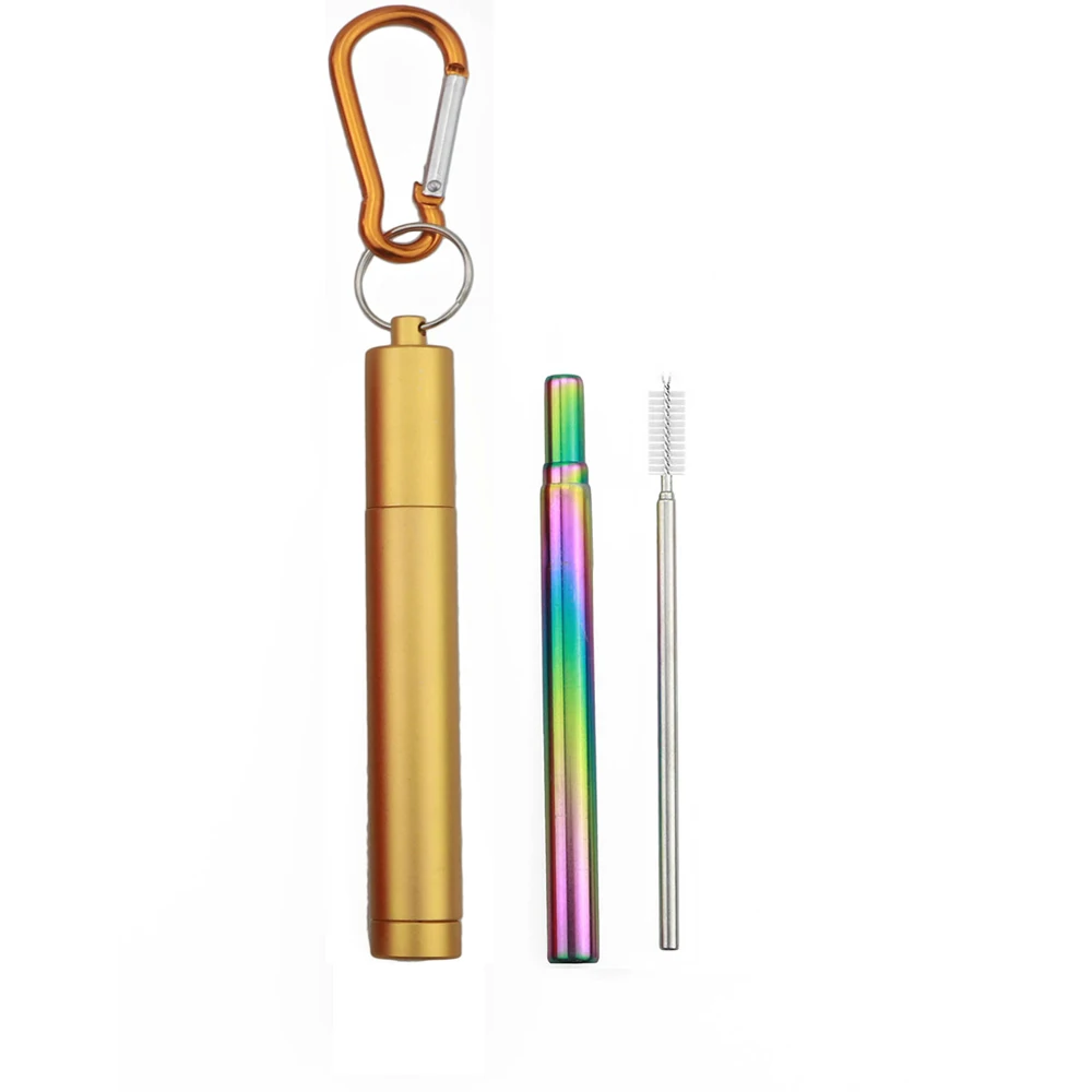 gold rainbow straw 18/10 телескопическая соломинка из нержавеющей стали для питья многоразовая складная металлическая соломинка для путешествий с кистью Холщовая Сумка - Цвет: gold rainbow straw
