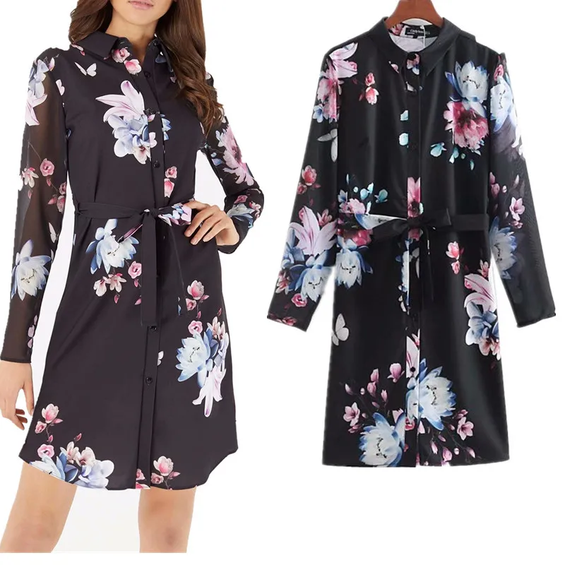

Western Style 2018 Summer New Style Versatile Fold-down Collar Long Sleeve Lace-up Slimming Printed Shirt Dress Women's S8811