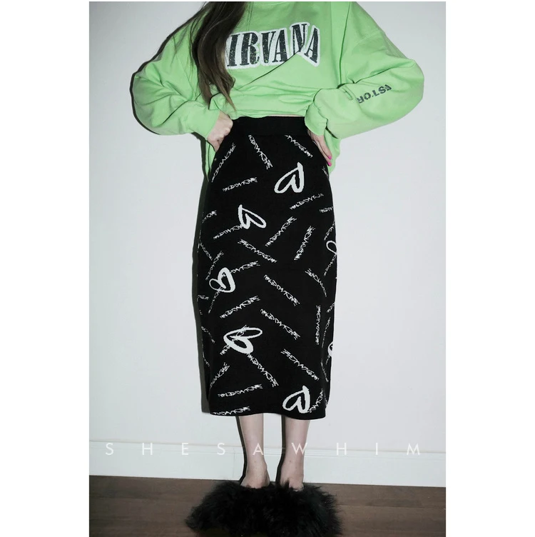 Yangelo Autumn Winter Girls Knitted Dress Love Pattern Straight High Waist Skirt Female Gothic Long Fairycore Clothes | Женская одежда
