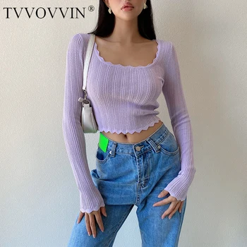 

TVVOVVIN 2020 Base French Square Collar Hollow-out Lace Knitwear Women's Slim Full Sleeve Short Navel Top Sweater D03Y