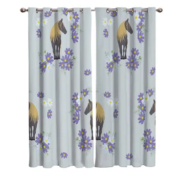 

Horse Animal Purple Flower Printing Curtains Living Room Bedroom Home Decoration Suitable for Adult Children Window Curtain