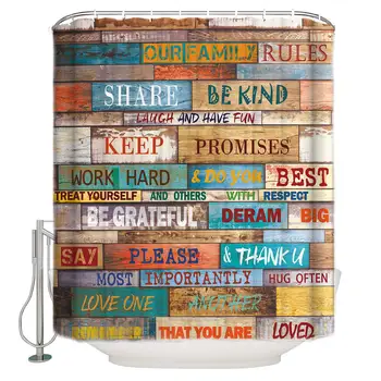 

Fabric Shower Curtain Family Rule on Wooden Board Design Durable Polyester Fabric Bathroom Set with Hooks, 72" x 78"