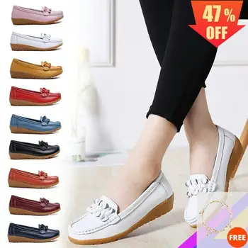 

2019 Autumn Sandals Women Flats Ballet Plus Size 35-42 Soft Pregnant Flats Slip On Leather Girl Loafer Flats Boat Shoes Moccasin
