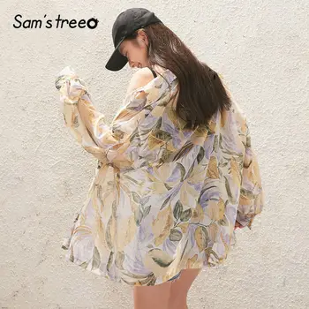 

SAM'S TREE Yellow Floral Chic Single Breasted Casual Shirts Women 2020 Summer New Lantern Sleeve Ladies Korean Daily Thin Tops