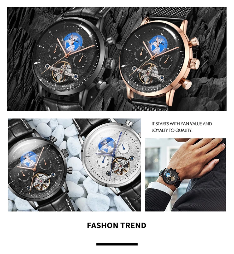 AILANG Fashion Mens Casual Tourbillon Hollow Luxury Leather Waterproof Luminous Week Calendar Clock Mechanical Watch 8613B