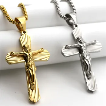 

Women's Men's Jesus Piece Cross Necklaces Gold Color Stainless Steel Crucifix Pendant Necklace Catholic Religious Jewelry Gift