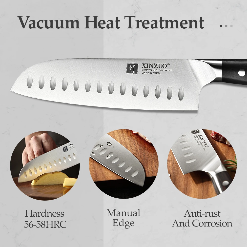 XINZUO 7'' Inch Santoku Kitchen Knives German 1.4116 Stainless Steel Cleaver Meat Cutting Knives with Ebony Handle with Gift Box