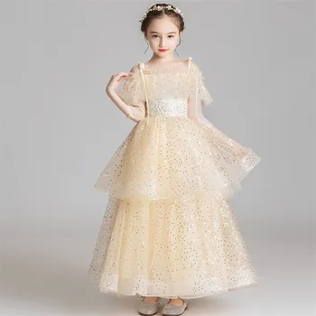 

2019 New Children Model Show Catwalk Communication Elegant Shoulderless Sequined Dress Girls Kids Birthday Evening Party Dress