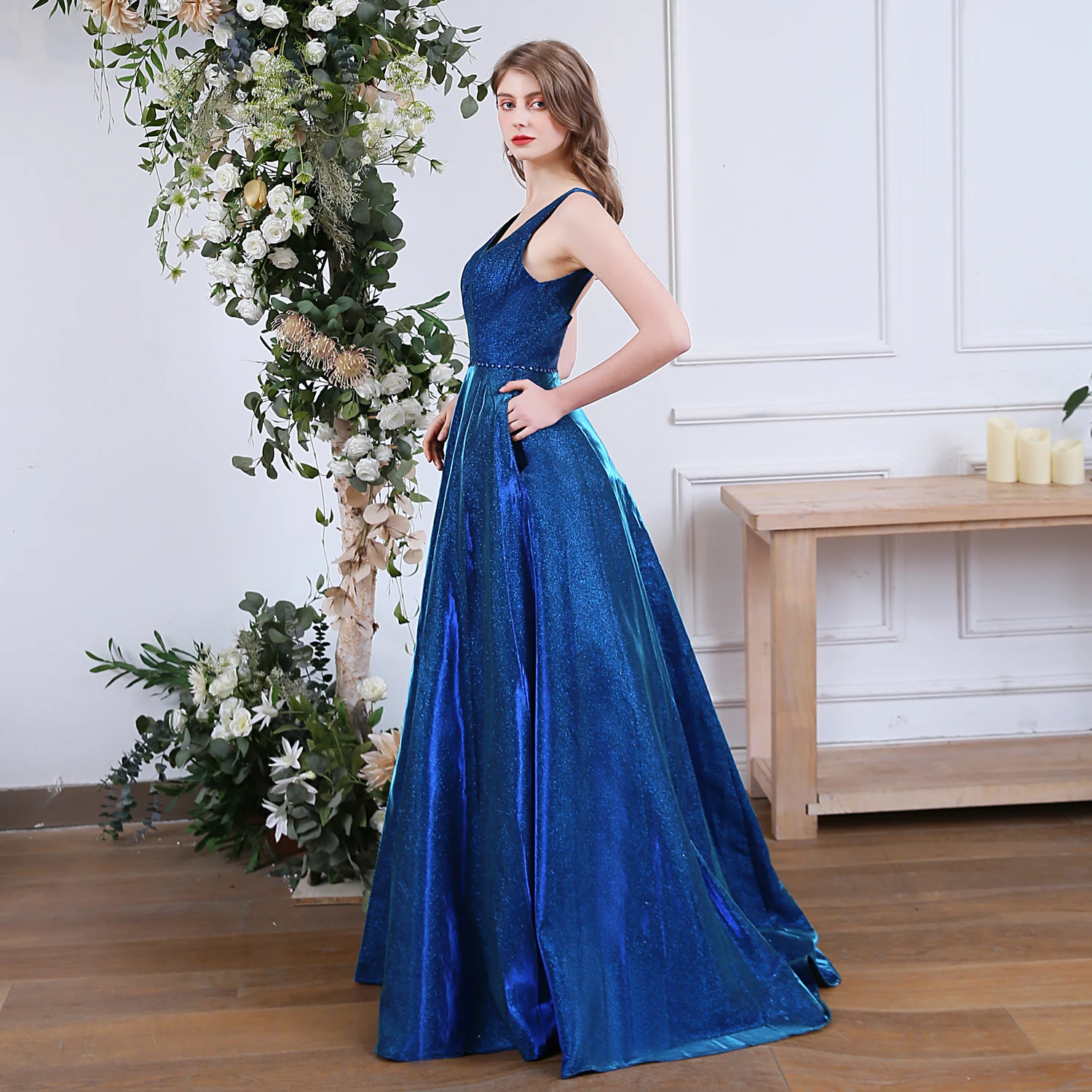 SSYFashion, новинка, простое Сверкающее вечернее платье, элегантное, банкеты, расшитое блестками, блестящее, синее, с открытой спиной, роскошное, официальное, выпускное платье, Vestidos