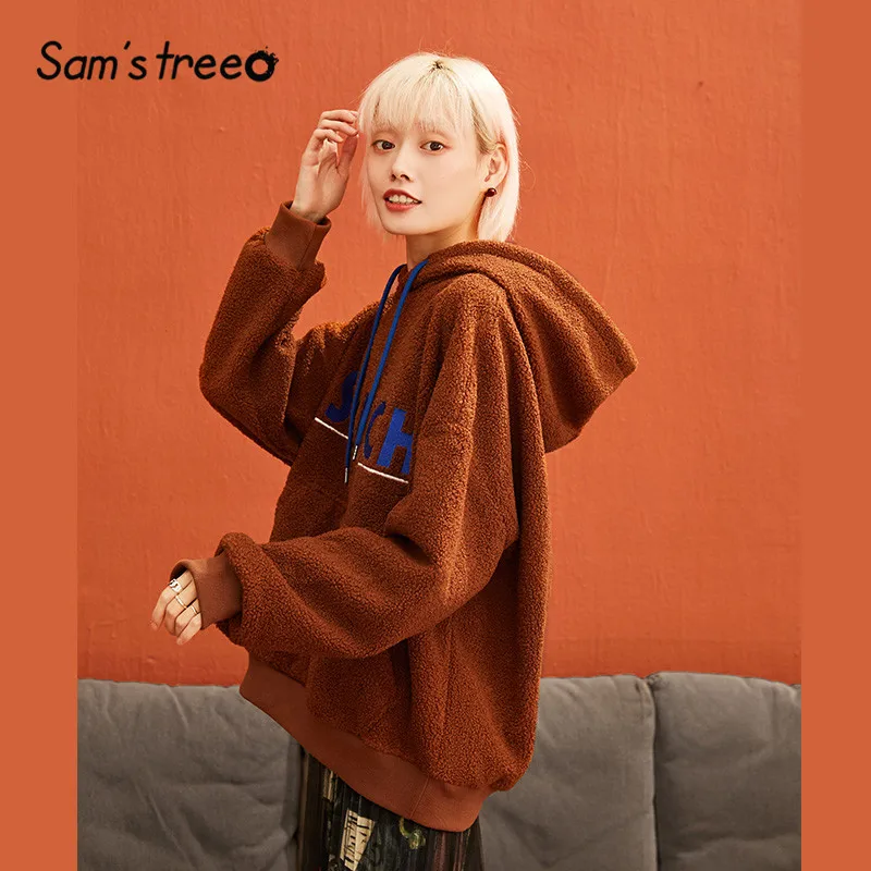 SAM'S TREE Solid Teddy Lazy Letter Embroidery Hoodies Sweatshirt Women Autumn Straight Long Sleeve Casual Female Daily Tops