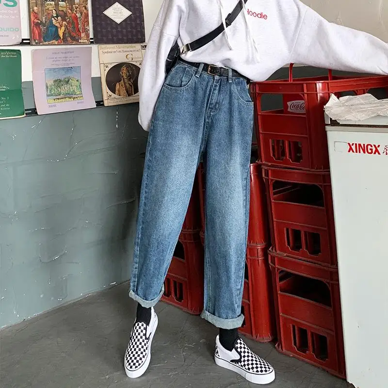 

plus size Jeans for women Long Casual high waist summer Autumn Pant ladies Loose Cotton Denim Trousers Blue black 4xl