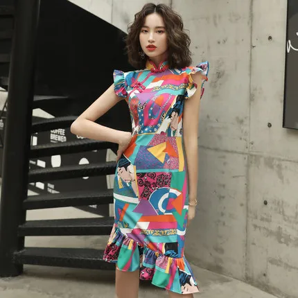 Новое модное короткое платье cheongsam для молодых девушек в стиле ретро, китайский стиль, улучшенное маленькое свежее платье с рыбьим хвостом, тонкое платье - Цвет: A